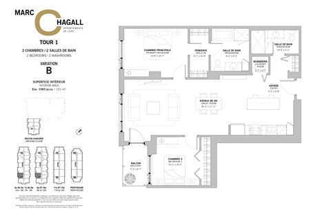 A floor plan for a two bedroom, two bathroom apartment at Marc Chagall Apartments in Côte Saint-Luc.